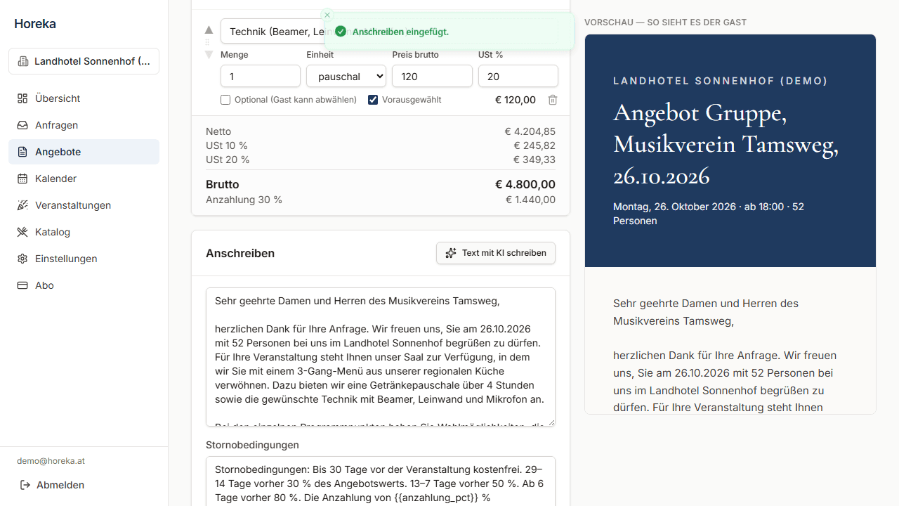 Angebots-Builder mit Positionen links und Gast-Vorschau rechts