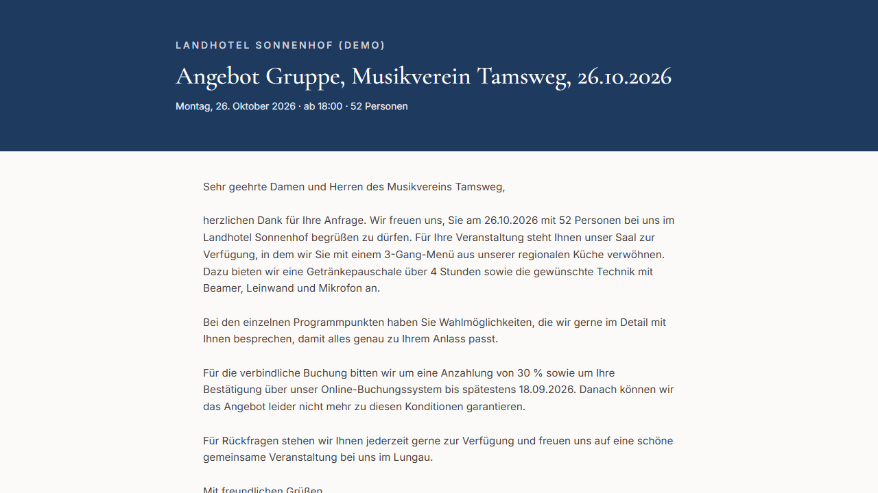 Gast-Angebotsseite mit Auswahl und Bestätigungsbutton